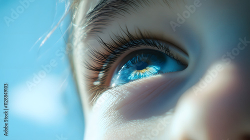 A childs bright blue eye reflecting a clear sky.