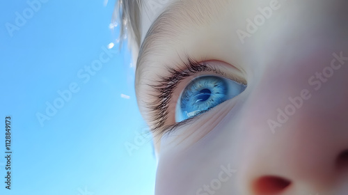 A childs bright blue eye reflecting a clear sky.