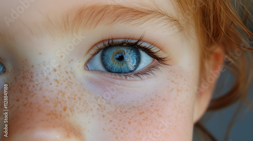 A childs bright blue eye reflecting a clear sky.