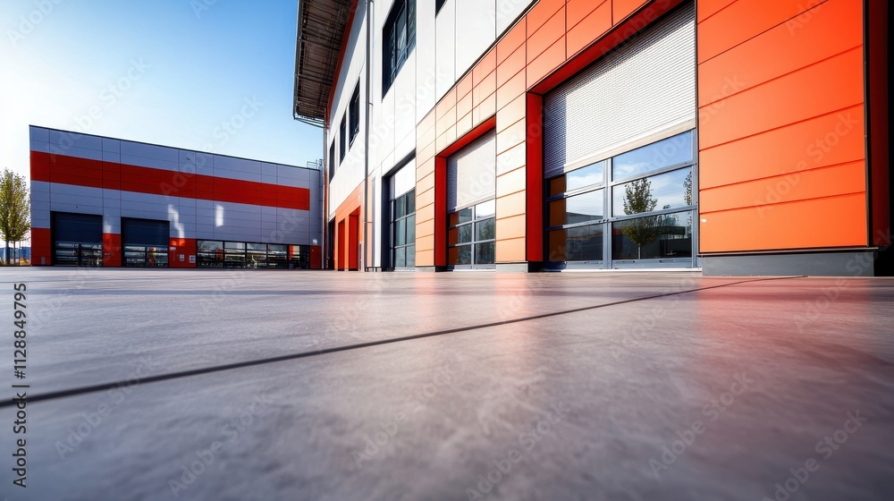 Obraz premium Modern Industrial Building Exterior with Bright Orange and Gray Facade Design