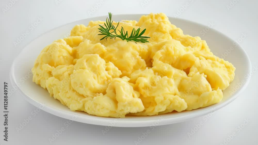 Fluffy scrambled eggs served on a white plate placed on a white table Fluffy scrambled eggs served on a white plate placed on a white table