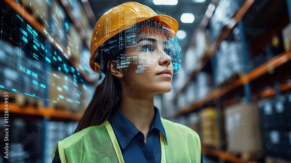 Employee scanning barcodes for stock updates focus on digital inventory tracking futuristic silhouette with digital data overlay Employee scanning barcodes for stock updates focus on digital inventory tracking futuristic silhouette with digital data overlay