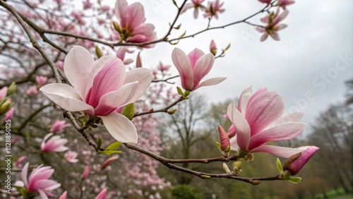 Close-Up of Blooming Pink Magnolia Blossoms Against a Soft Spring Floral Background, Showcasing the Delicate Beauty of a Magnificent Magnolia Tree in Selective Focus