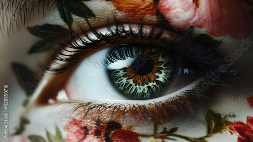 A close-up of an eye with floral patterns subtly mirrored in the pupil.