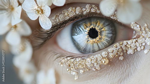 A close-up of an eye with floral patterns subtly mirrored in the pupil.