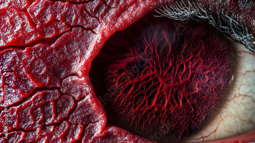 A close-up of an eye with intricate red veins visible.