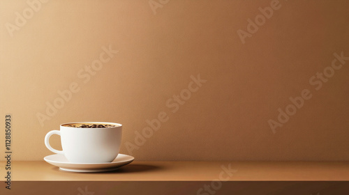 Wallpaper Mural Flat mocha mousse backdrop enhances the warm aesthetic of coffee cup on a wooden table Torontodigital.ca