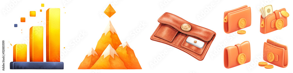 economic and windfall concept. Financial icons featuring graphs, mountains, and wallets in a vibrant design. on Transparent background. economic and windfall concept. Financial icons featuring graphs, mountains, and wallets in a vibrant design. on Transparent background.