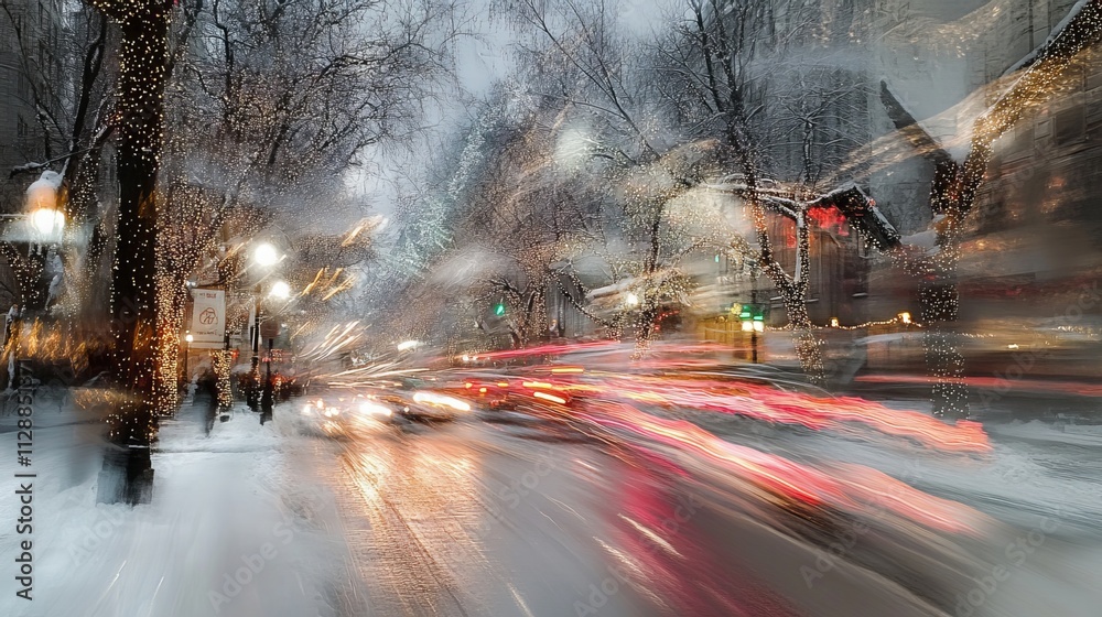 A stunning winter tableau unfolds on a snowy city street on Christmas Eve. Illuminated trees cast a warm glow, their branches laden with festive decorations A stunning winter tableau unfolds on a snowy city street on Christmas Eve. Illuminated trees cast a warm glow, their branches laden with festive decorations