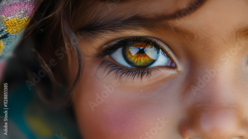 A close-up of a childs hazel eye glowing with curiosity.