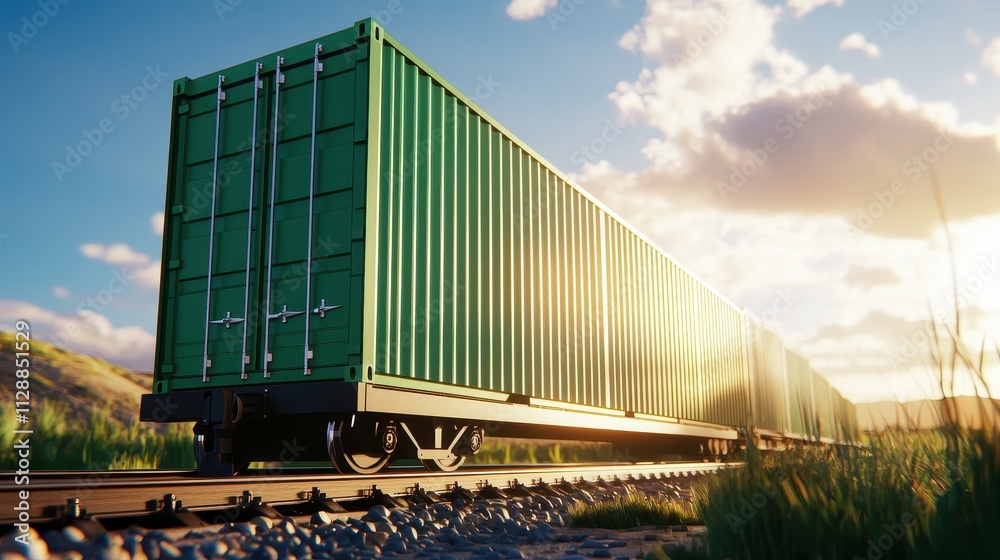 Obraz premium Green Cargo Containers on Railroad Tracks with Bright Sunset in Background