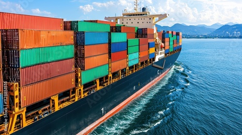 Colorful cargo ship loaded with containers navigating a tranquil blue ocean