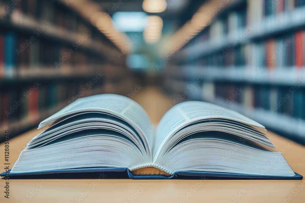 Open book on library table with blurred shelves in background. Open book on library table with blurred shelves in background.