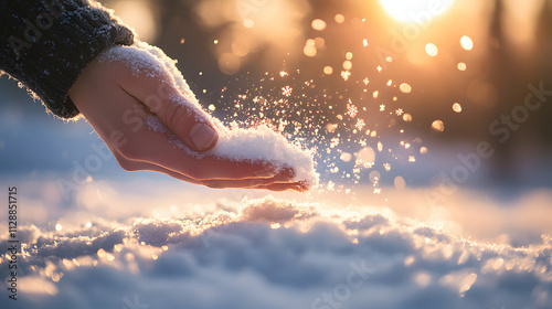 A close-up of a hand scooping up a handful of soft powder snow with flakes sparkling in sunlight.