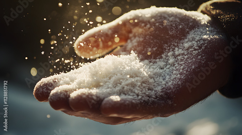 A close-up of a hand scooping up a handful of soft powder snow with flakes sparkling in sunlight.