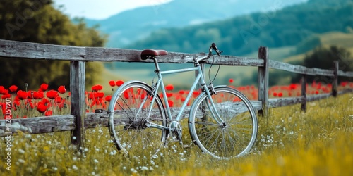 A beautiful bicycle leans against a rustic fence in a vibrant field of red flowers. The background features rolling hills and a clear blue sky. Perfect for travel and nature themes. AI photo