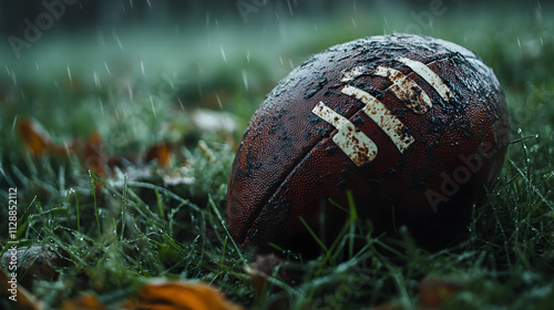 A close-up of a muddy football embedded in the grass after a rainy game.
