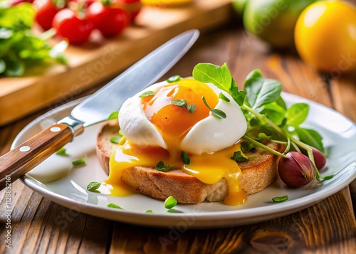 Close-Up of Cutting a Poached Egg with Runny Yolk on a Plate, Showcasing Benedict Egg with Knife and Fork, Perfect for Culinary and Cooking Visuals in High-Quality 4K Footage photo