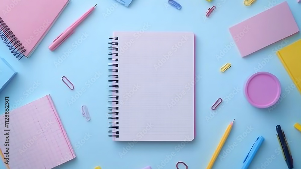 An empty notebook surrounded by colorful school An empty notebook surrounded by colorful school