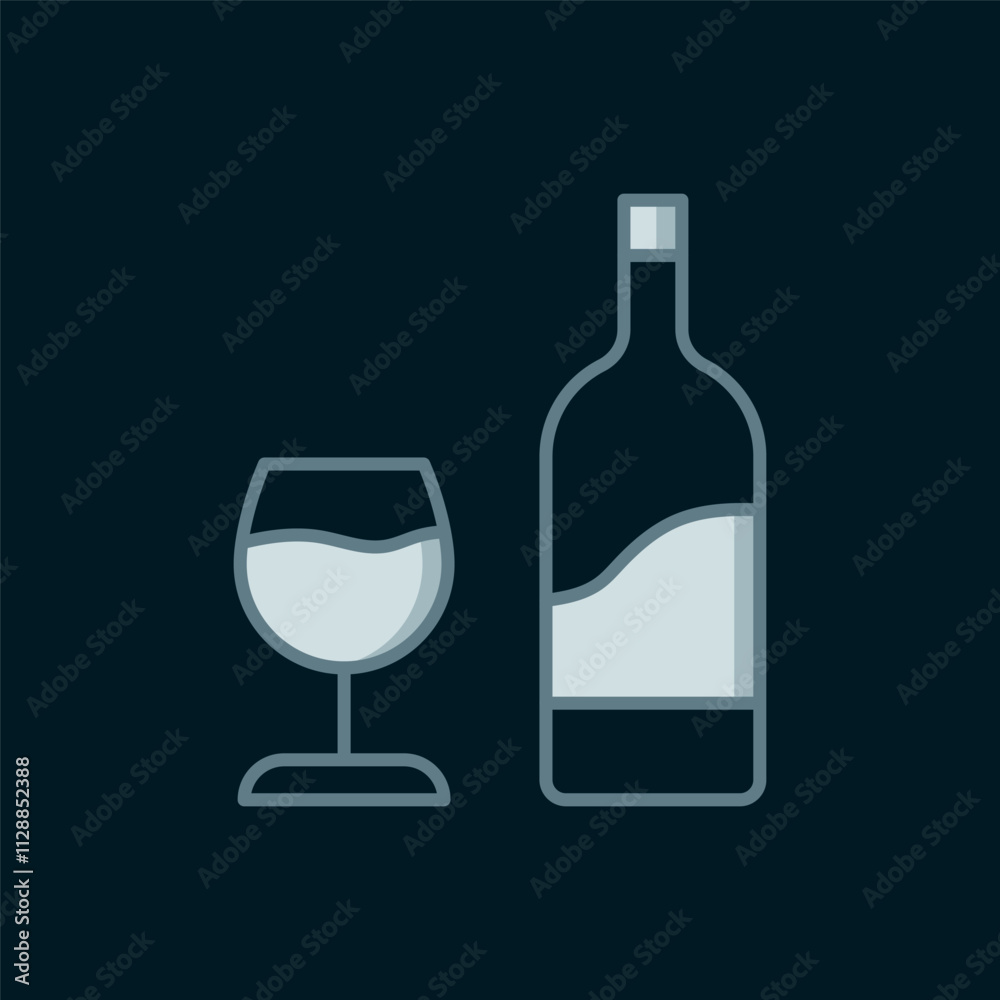 Line Wine bottle with glass icon isolated on black background. Flat filled outline style with shadow. Vector Line Wine bottle with glass icon isolated on black background. Flat filled outline style with shadow. Vector