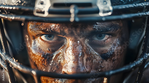 A close-up of a sweat-covered face of a football player under a helmet.