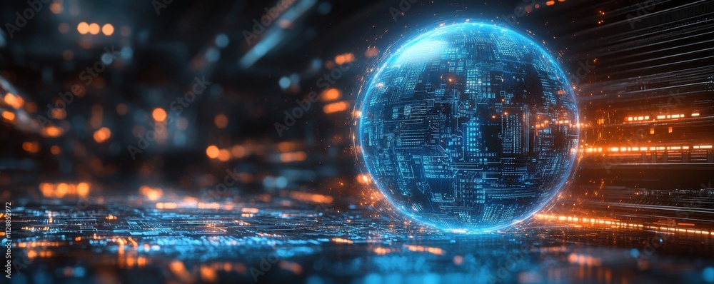 Glowing blue sphere with digital circuit patterns on futuristic background Glowing blue sphere with digital circuit patterns on futuristic background