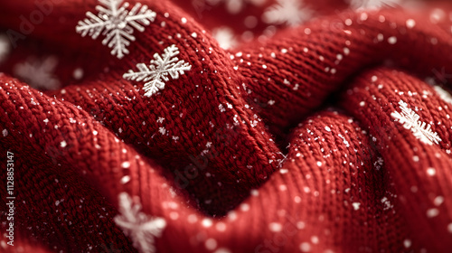 A close-up of snowflakes on a red scarf contrasting vividly against the color.