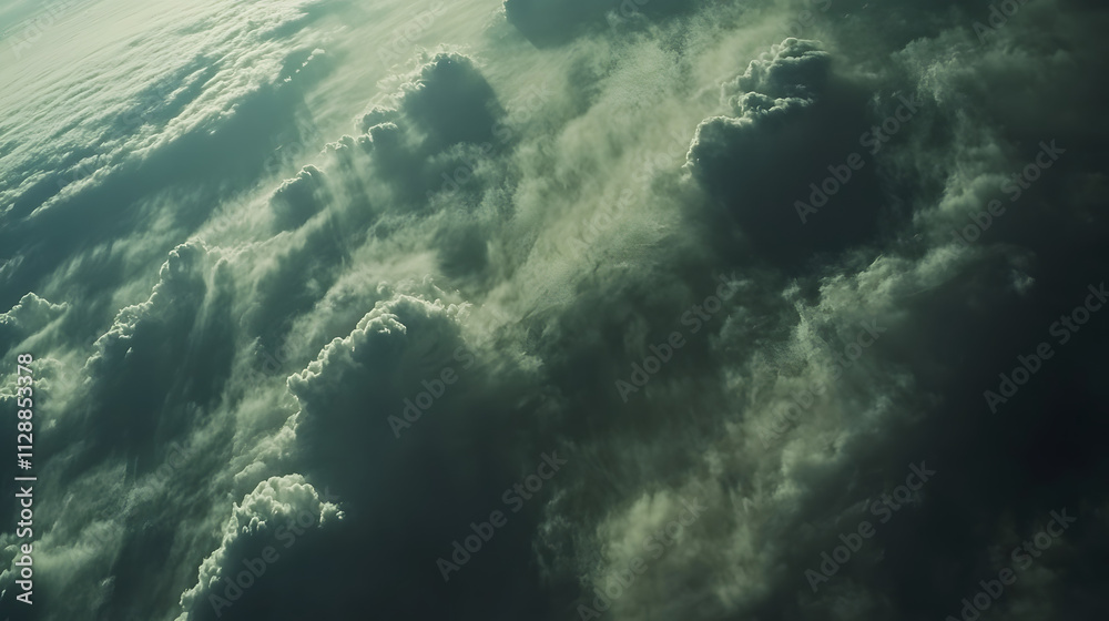 Fototapeta premium A cloudscape view from an airplane window with sunlight streaming through gaps in the clouds.