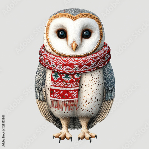 barn owl wearing festive Christmas scarf, showcasing charming and whimsical appearance. This delightful farm animal adds touch of holiday spirit photo