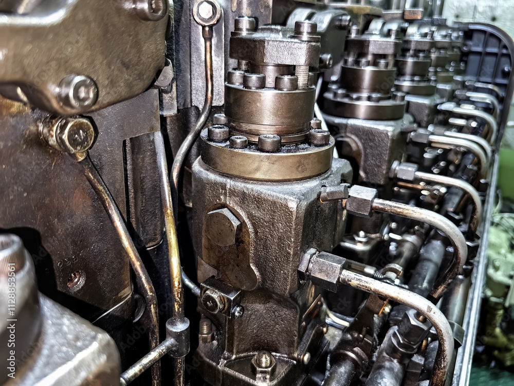 Fototapeta premium Close up view of fuel pumps of old 6 cylinder diesel engine