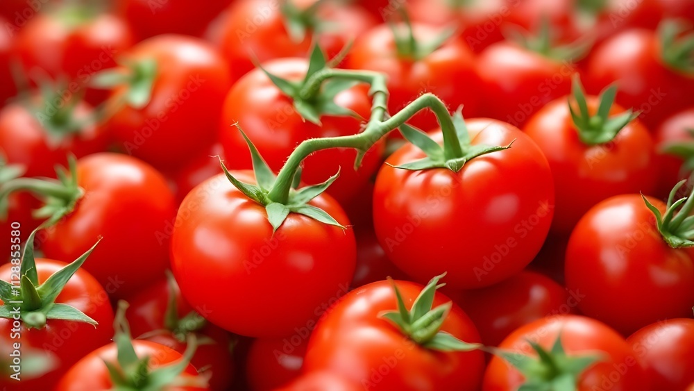 Close up of ripe red tomatoes with green stems. Close up of ripe red tomatoes with green stems.