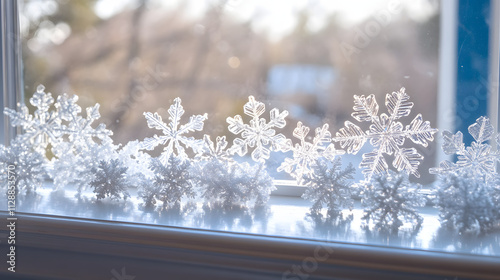 A cluster of snowflakes gently piled on a windowpane reflecting sunlight.