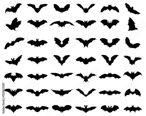 Big set of black silhouettes of bats on a white background	