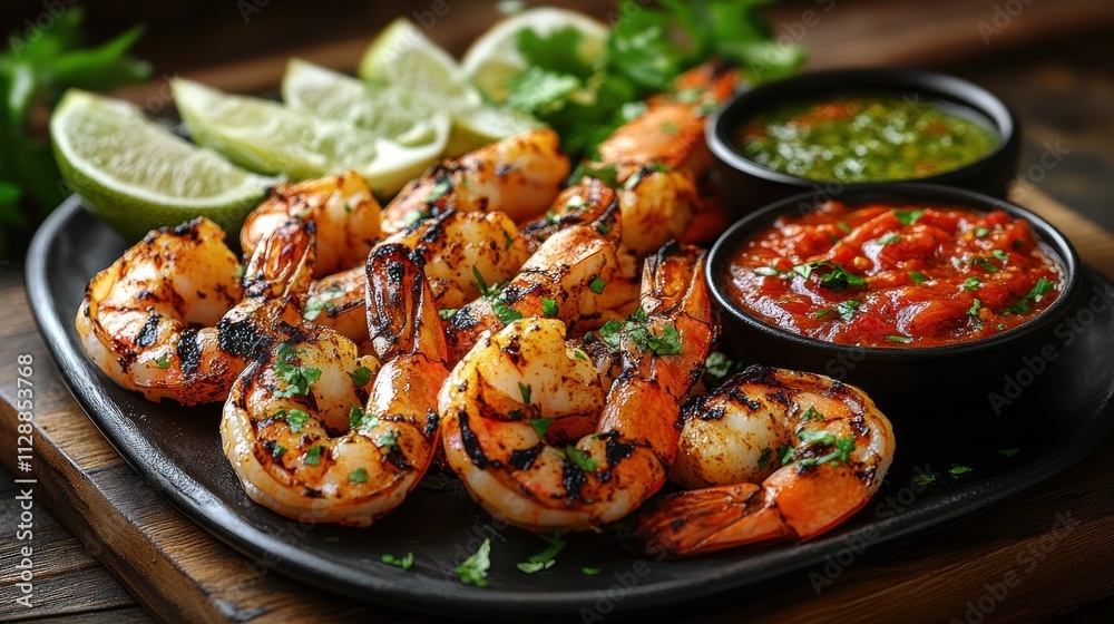 Grilled shrimp with lime wedges and sauces on a dark plate. Grilled shrimp with lime wedges and sauces on a dark plate.