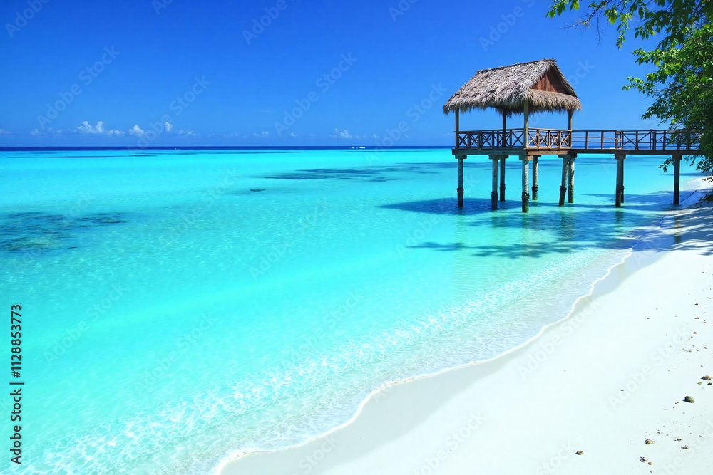 Serene beach scene rustic wooden pier gazebo thatched roof water Serene beach scene rustic wooden pier gazebo thatched roof water