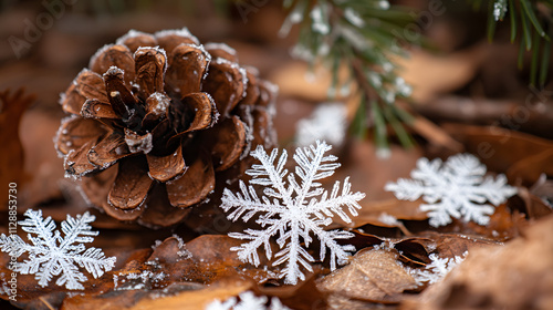 A cluster of snowflakes sticking to a frosty pinecone on the forest floor.