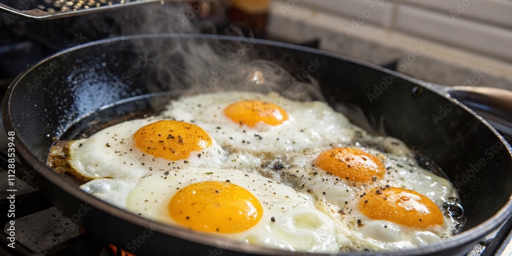 Close-Up of Eggs Frying in a Pan Captured in Candid Photography Style, Showcasing the Sizzling Process in a Vertical Video Format for Cooking Enthusiasts and Food Lovers Close-Up of Eggs Frying in a Pan Captured in Candid Photography Style, Showcasing the Sizzling Process in a Vertical Video Format for Cooking Enthusiasts and Food Lovers
