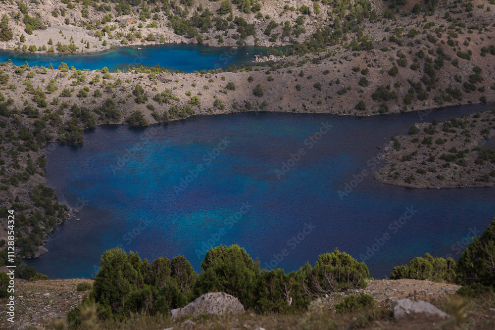 top view of the blue mountain lakes and mountain valley top view of the blue mountain lakes and mountain valley