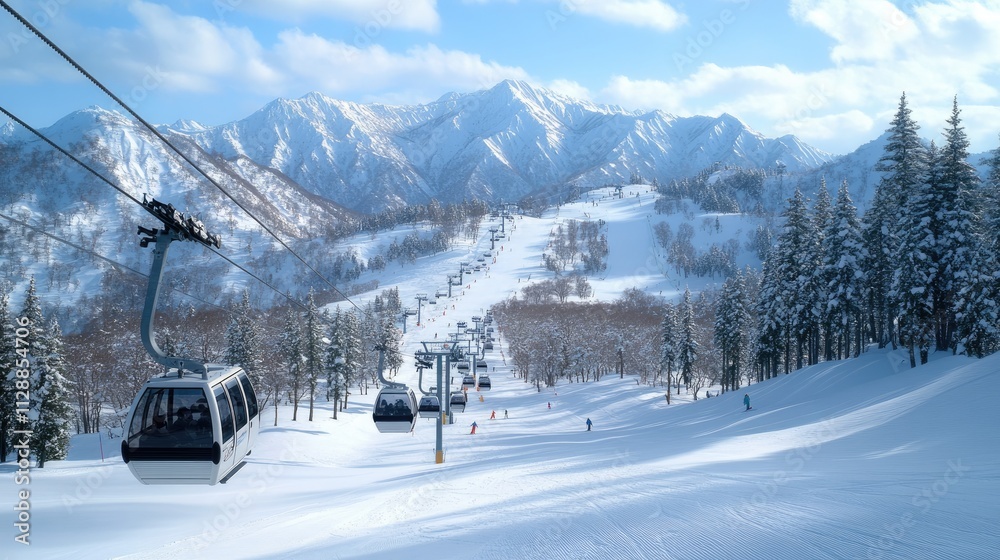 Cable car travels through a snow-covered landscape with pine trees and ski lifts, creating a winter wonderland atmosphere Cable car travels through a snow-covered landscape with pine trees and ski lifts, creating a winter wonderland atmosphere