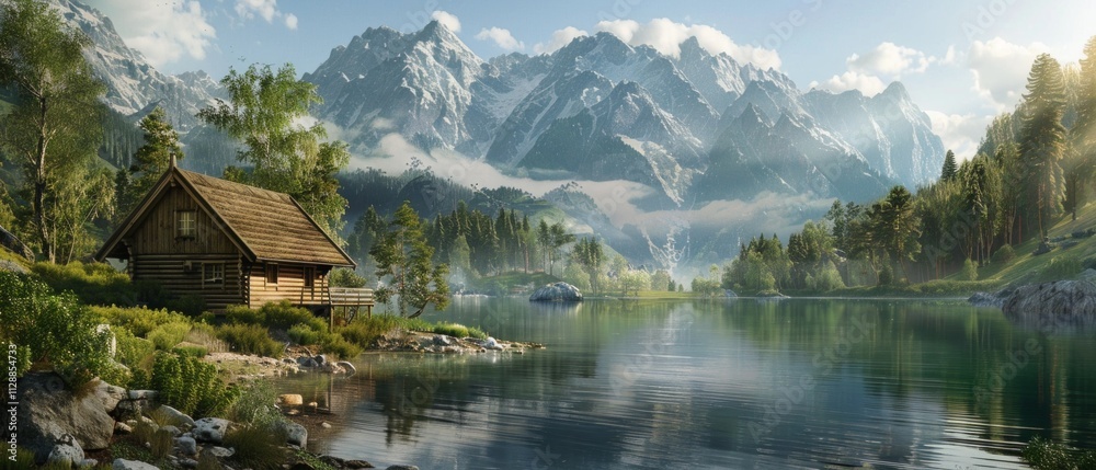A tranquil lake scene shows a small house by a blue lake, surrounded by trees and mountains. The sunny setting creates a peaceful ambiance. A tranquil lake scene shows a small house by a blue lake, surrounded by trees and mountains. The sunny setting creates a peaceful ambiance.