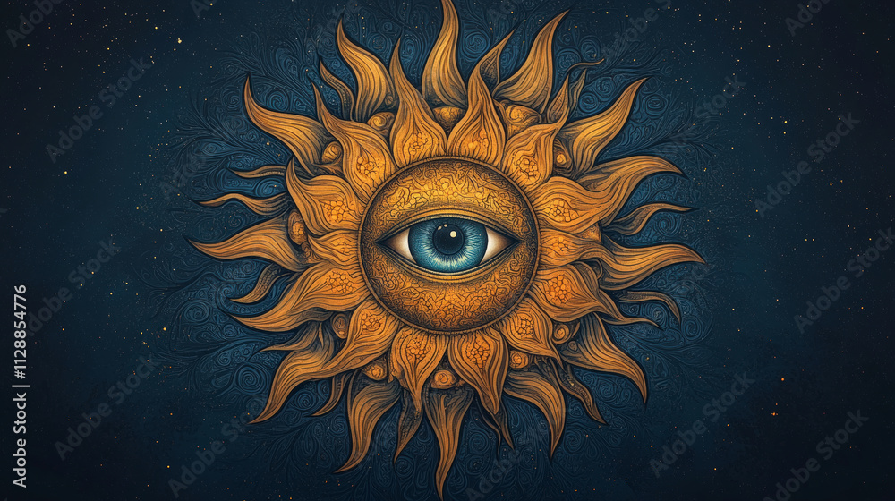 Surreal artistic depiction of a mystical sun with an all-seeing eye at its center, set against a dark, starry background. Surreal artistic depiction of a mystical sun with an all-seeing eye at its center, set against a dark, starry background.