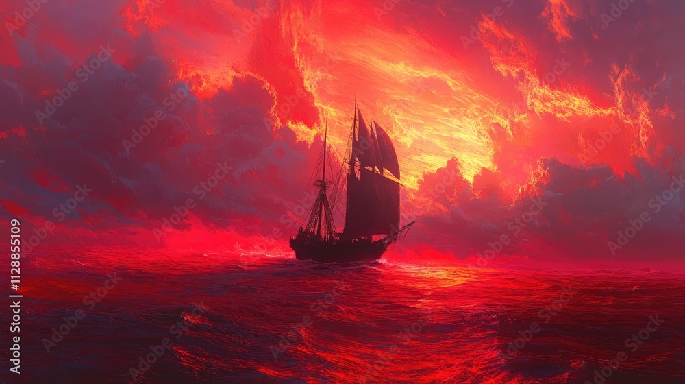 Fototapeta premium Sailboat on red ocean at sunset, fiery clouds.