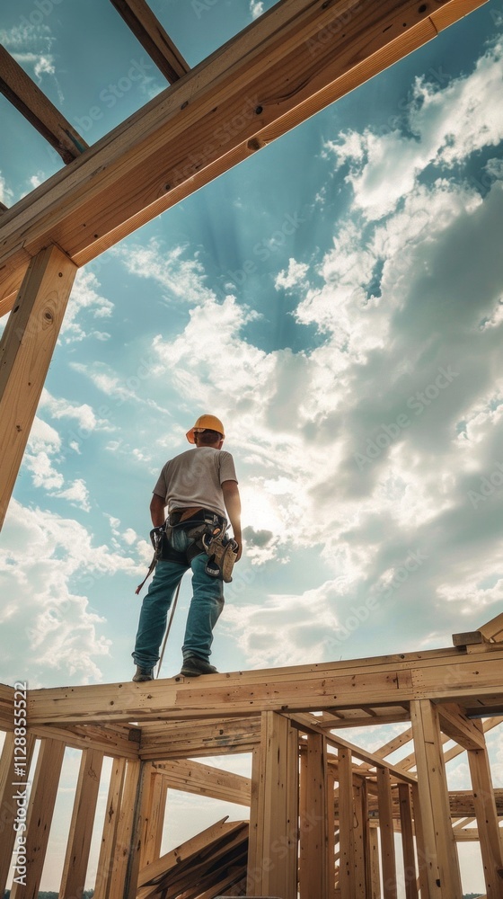 A construction worker in white t-shirt and black pants, orange helmet and tool belt, stands on a wooden house frame under a clear sky, working or inspecting. A construction worker in white t-shirt and black pants, orange helmet and tool belt, stands on a wooden house frame under a clear sky, working or inspecting.