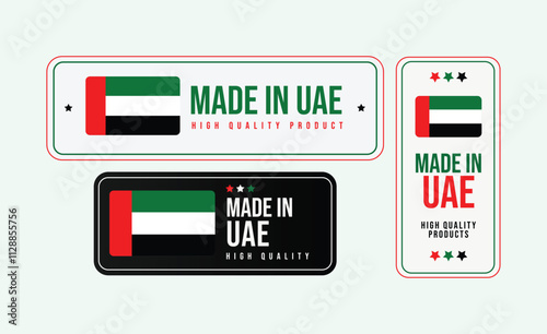 Made in UAE label set. Made in UAE stamp, big set of label, stickers, badge, UAE product emblem, quality product. Made in United Arab Emirates stamp, sticker with Indian flag and Indian flag colours.