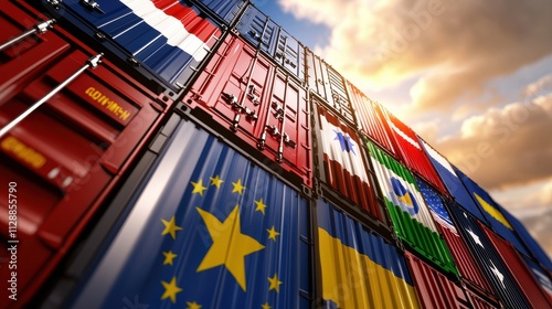 Colorful Shipping Containers with National Flags Stacked Against a Dramatic Sky