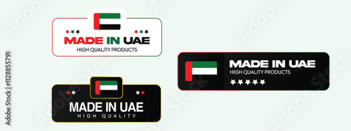 Made in UAE label set. Made in UAE stamp, big set of label, stickers, badge, UAE product emblem, quality product. Made in United Arab Emirates stamp, sticker with Indian flag and Indian flag colours.