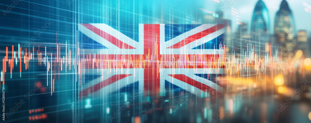 Fototapeta premium A digital illustration featuring the UK flag intertwined with financial graphs, set against a blurred cityscape, symbolizing economic activity and growth in Britain.