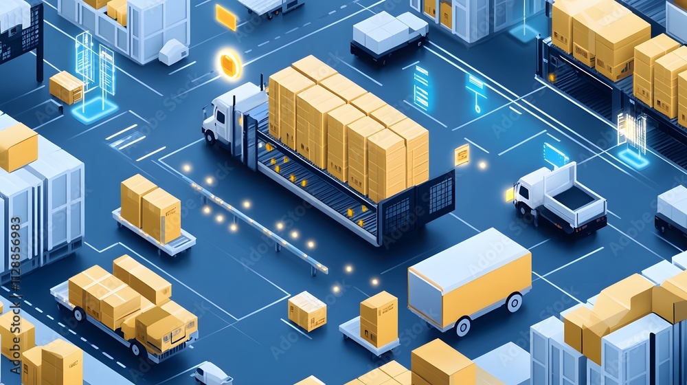A modern supply chain hub utilizing IoT for visibility and tracking, showcasing digital screens, RFID tags, and optimized logistics processes A modern supply chain hub utilizing IoT for visibility and tracking, showcasing digital screens, RFID tags, and optimized logistics processes