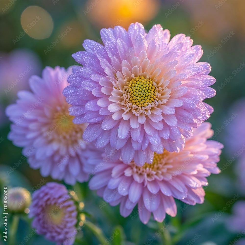 Dewy Lavender Chrysanthemums with Serene Mood Blooming in Morning Light