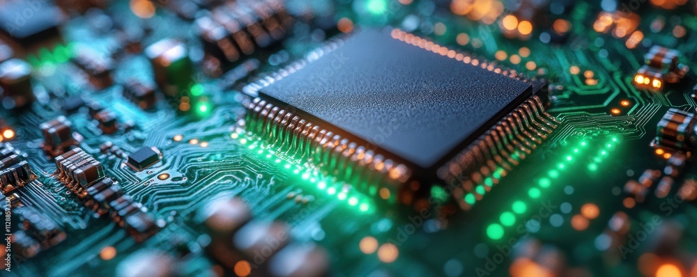 Obraz premium Close-up view of a glowing electronic circuit board with microchip